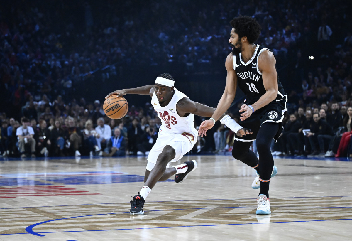 Jan 11, 2024; Paris, FRANCE; Cleveland Cavaliers guard Caris LeVert (3) is defended by Brooklyn Nets guard Spencer Dinwiddie (26) in the NBA Paris Game at AccorHotels Arena. Mandatory Credit: Alexis Reau/Presse Sports via USA TODAY Sports